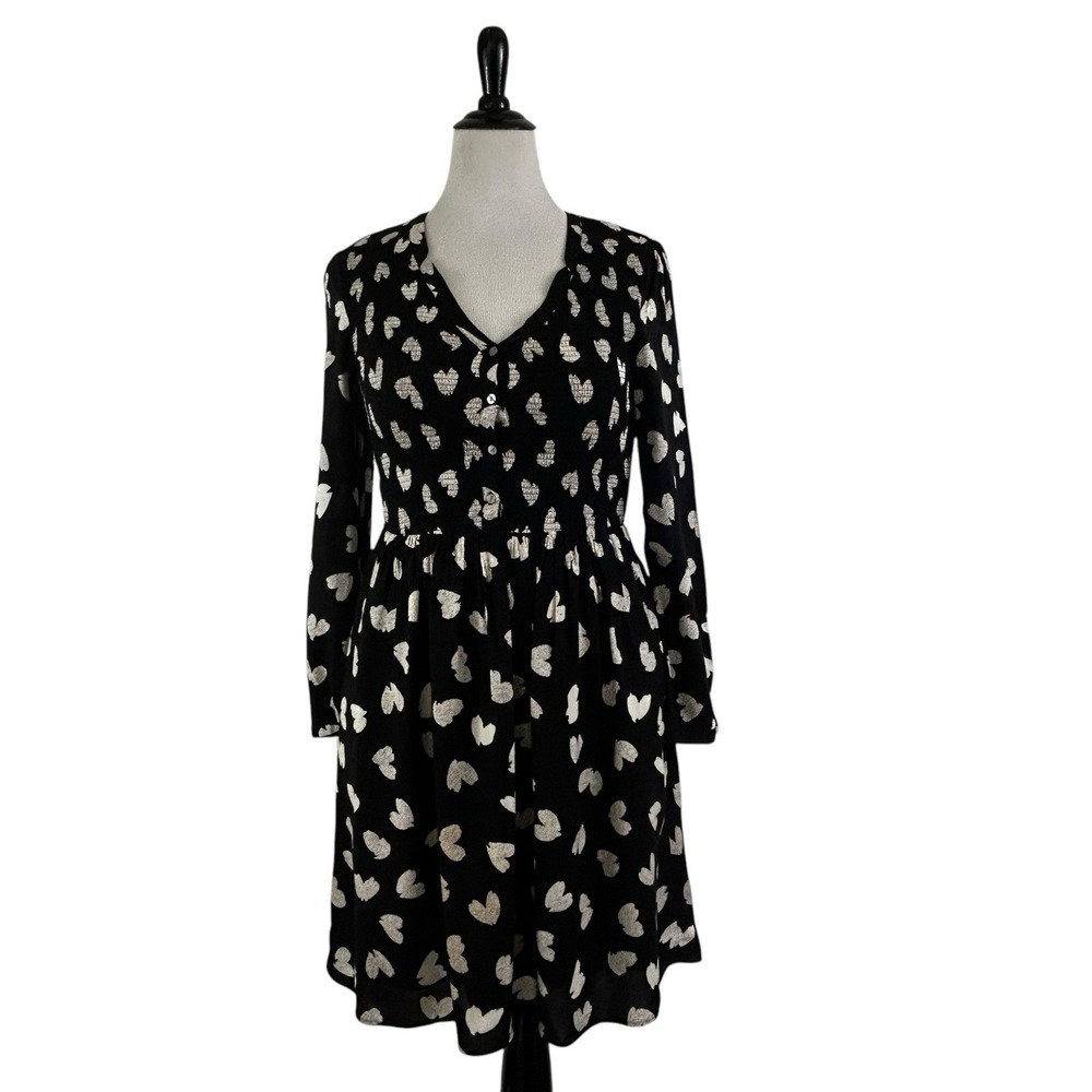 MAEVE Smocked Heart Print DRESS M Anthropologie Preppy Coquette Cottage Twee